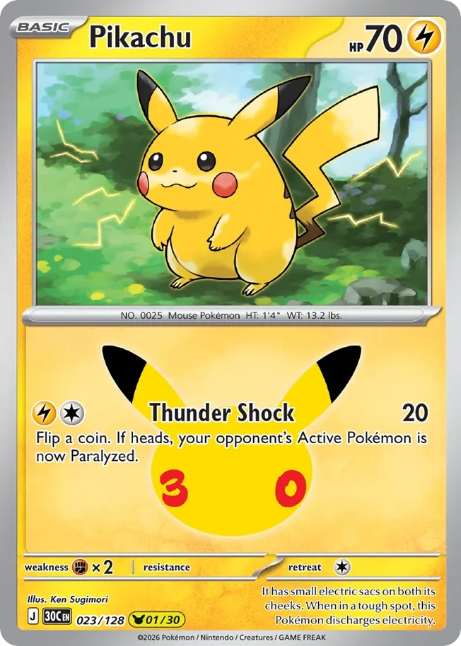 Pikachu Pokemon card from 30th Celebration, card number 23