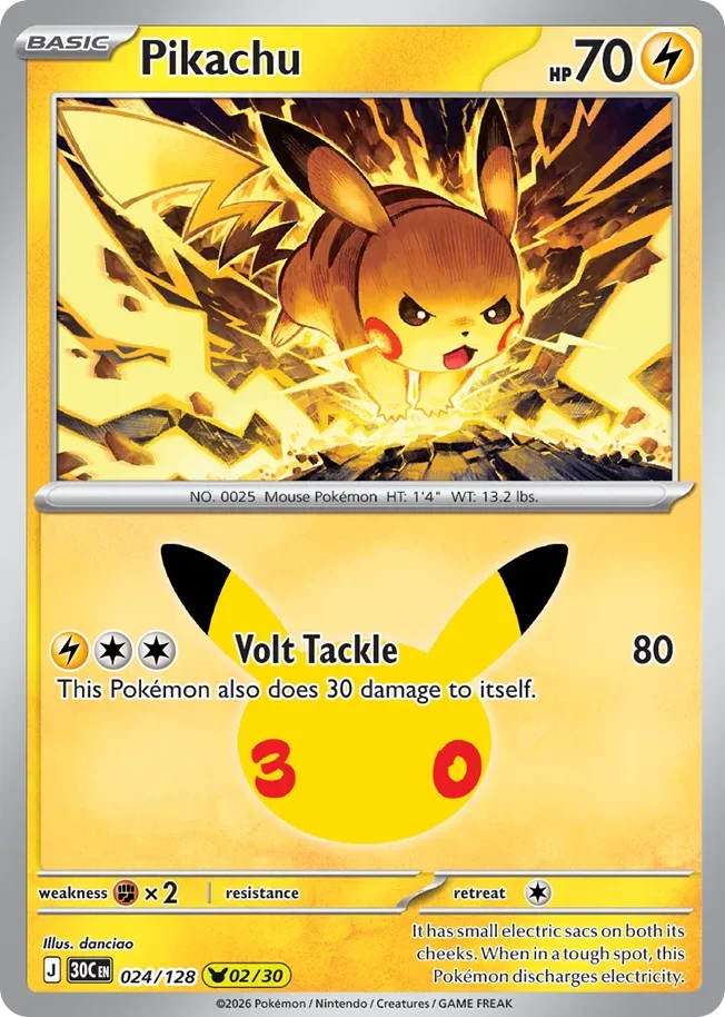 Pikachu Pokemon card from 30th Celebration, card number 24