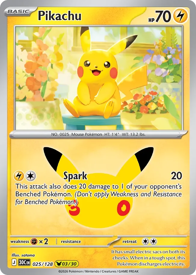 Pikachu Pokemon card from 30th Celebration, card number 25