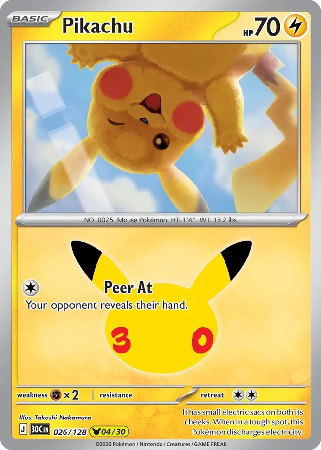 Pikachu Pokemon card from 30th Celebration, card number 26