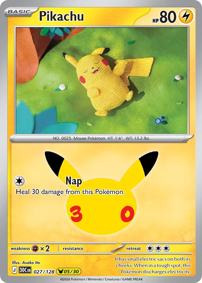 Pikachu Pokemon card from 30th Celebration, card number 27