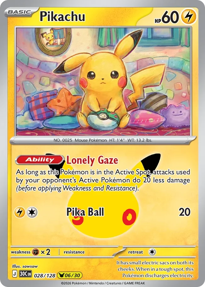 Pikachu Pokemon card from 30th Celebration, card number 28