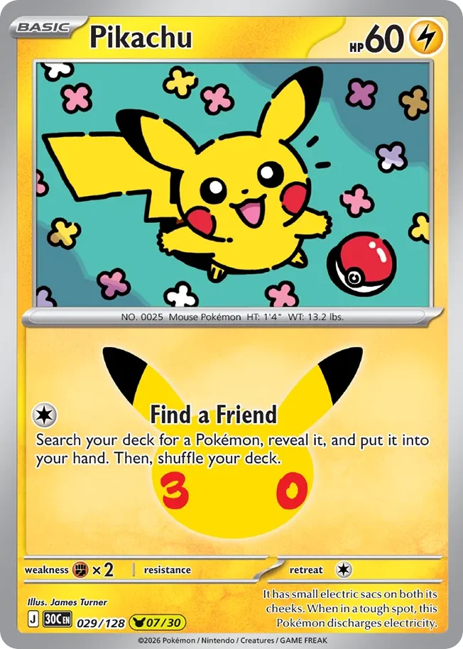 Pikachu Pokemon card from 30th Celebration, card number 29