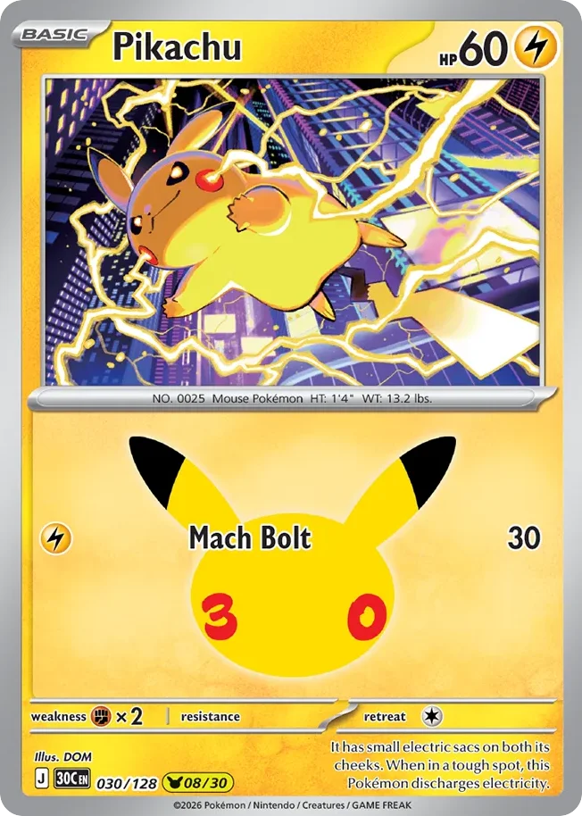 Pikachu Pokemon card from 30th Celebration, card number 30