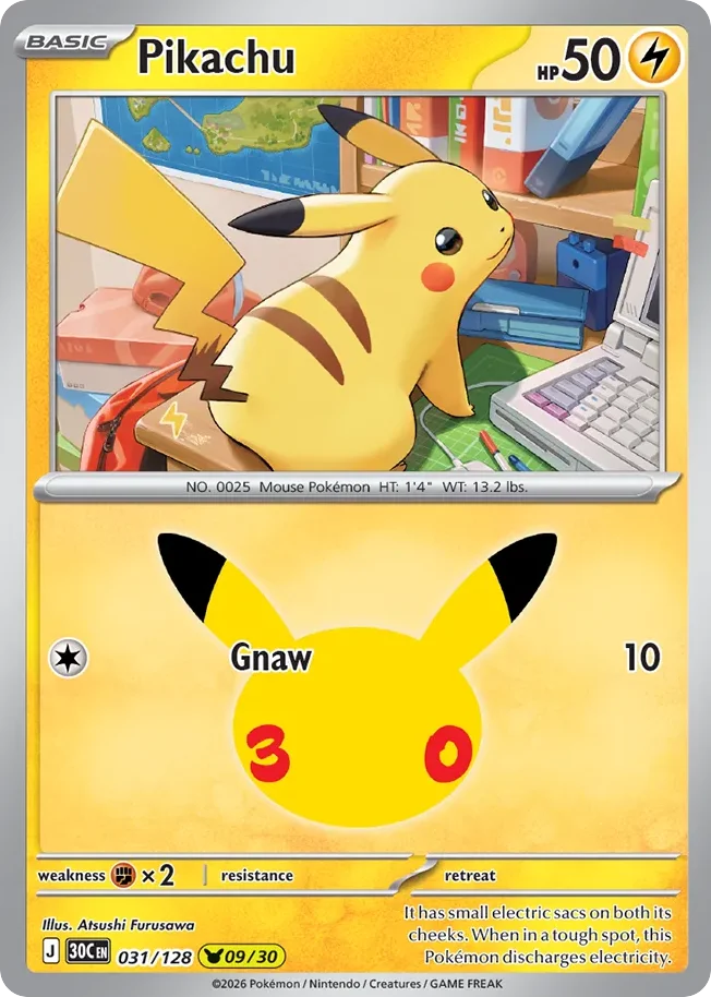 Pikachu Pokemon card from 30th Celebration, card number 31