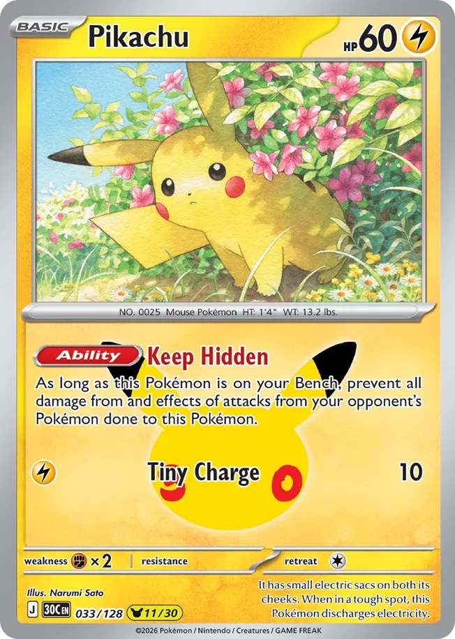 Pikachu Pokemon card from 30th Celebration, card number 33