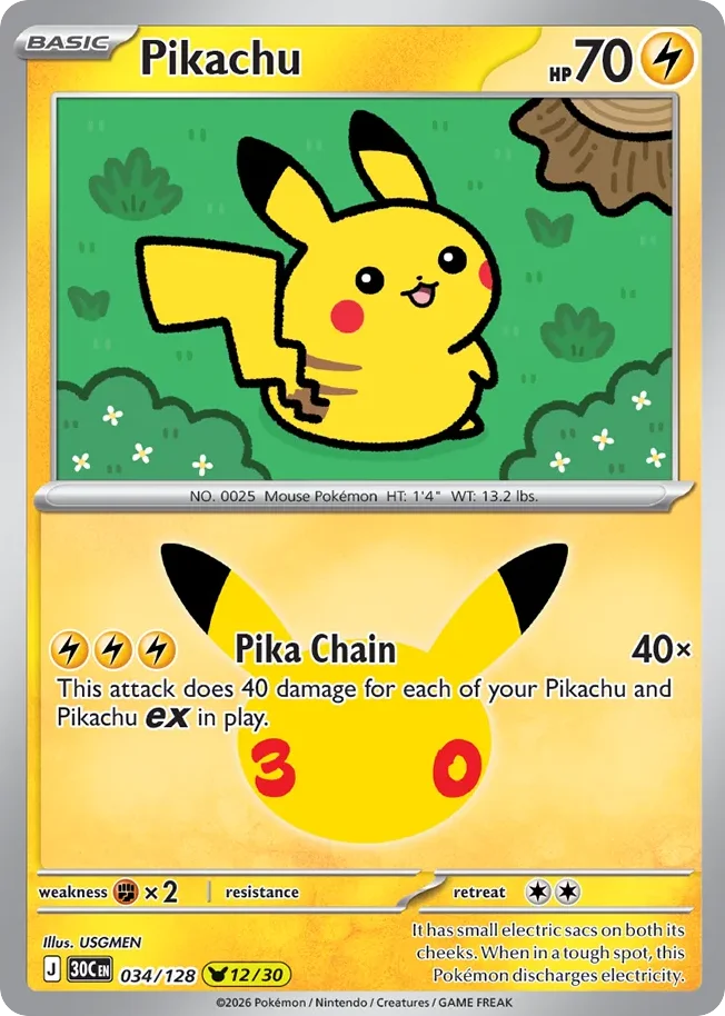 Pikachu Pokemon card from 30th Celebration, card number 34