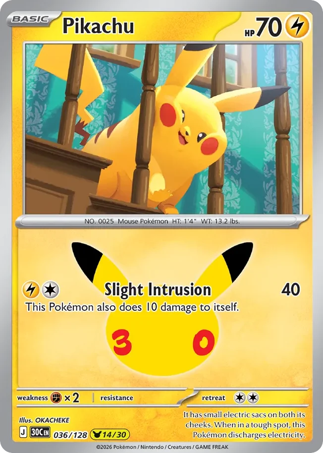 Pikachu Pokemon card from 30th Celebration, card number 36