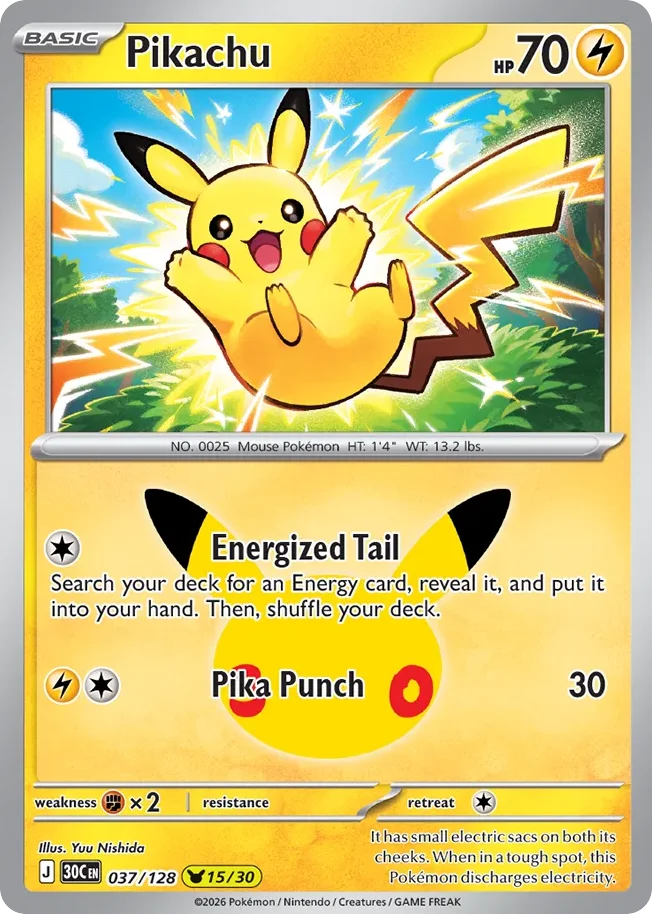 Pikachu Pokemon card from 30th Celebration, card number 37