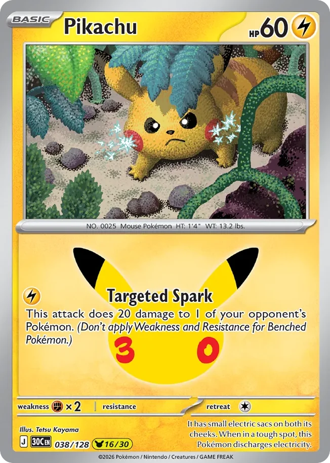Pikachu Pokemon card from 30th Celebration, card number 38
