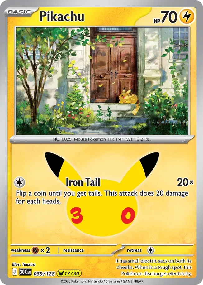 Pikachu Pokemon card from 30th Celebration, card number 39