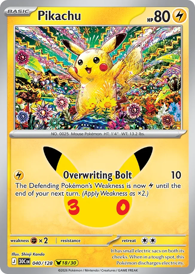 Pikachu Pokemon card from 30th Celebration, card number 40