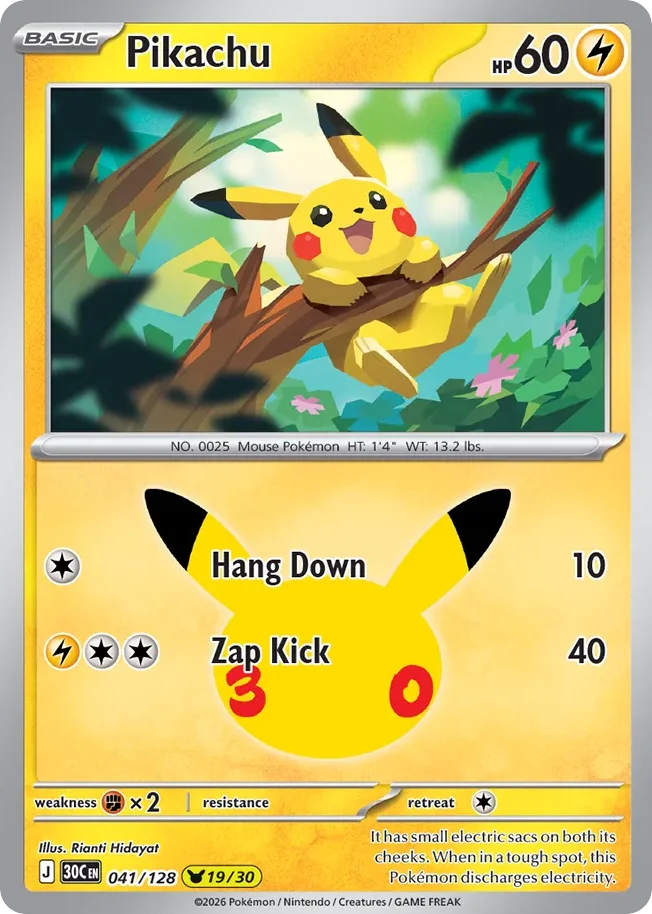 Pikachu Pokemon card from 30th Celebration, card number 41