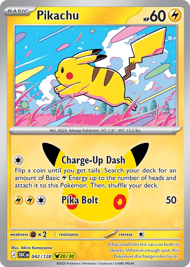 Pikachu Pokemon card from 30th Celebration, card number 42