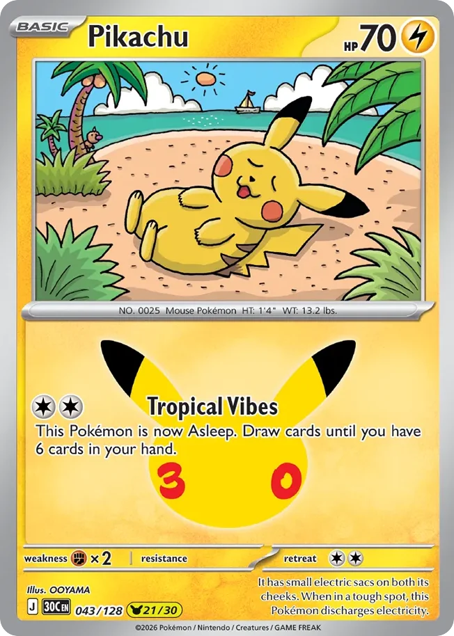 Pikachu Pokemon card from 30th Celebration, card number 43