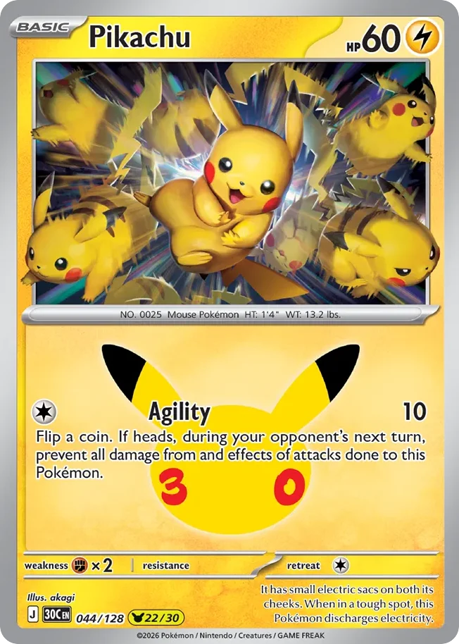 Pikachu Pokemon card from 30th Celebration, card number 44
