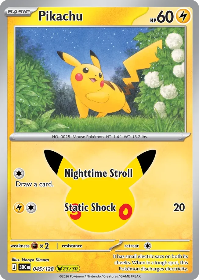 Pikachu Pokemon card from 30th Celebration, card number 45