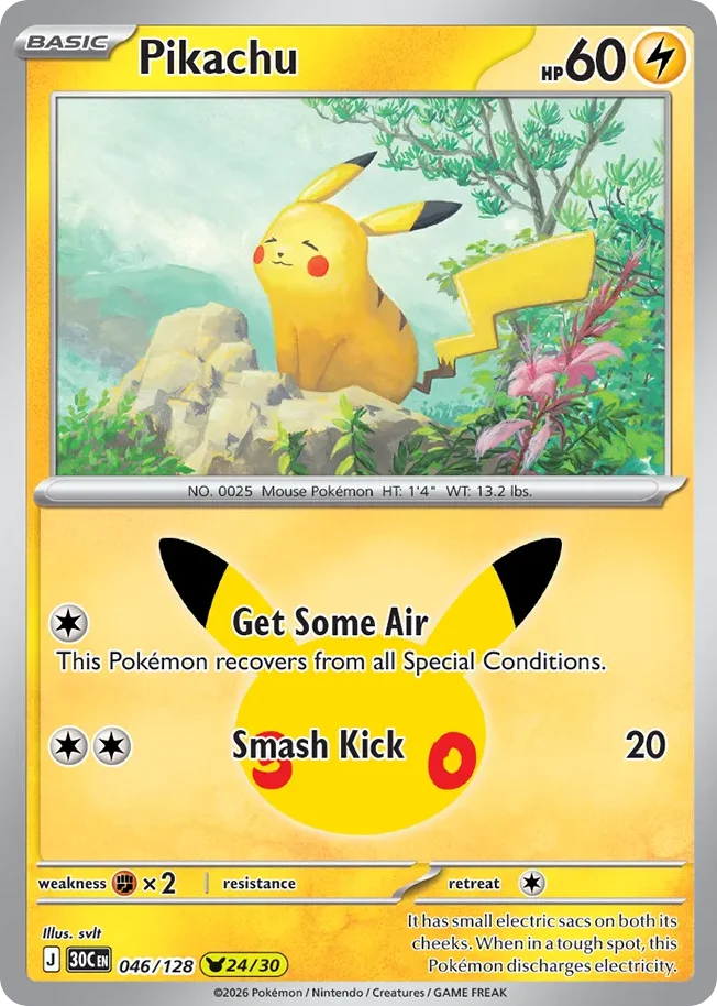 Pikachu Pokemon card from 30th Celebration, card number 46