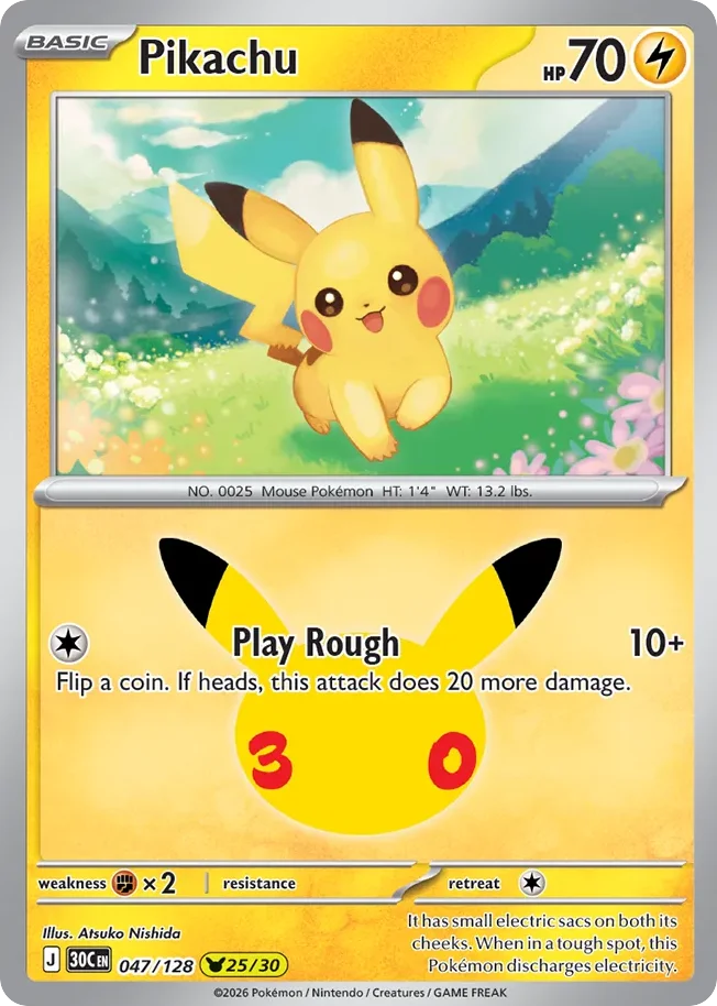 Pikachu Pokemon card from 30th Celebration, card number 47