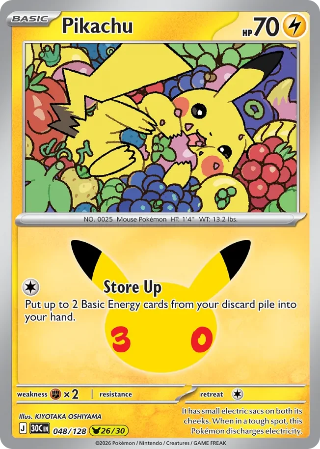 Pikachu Pokemon card from 30th Celebration, card number 48