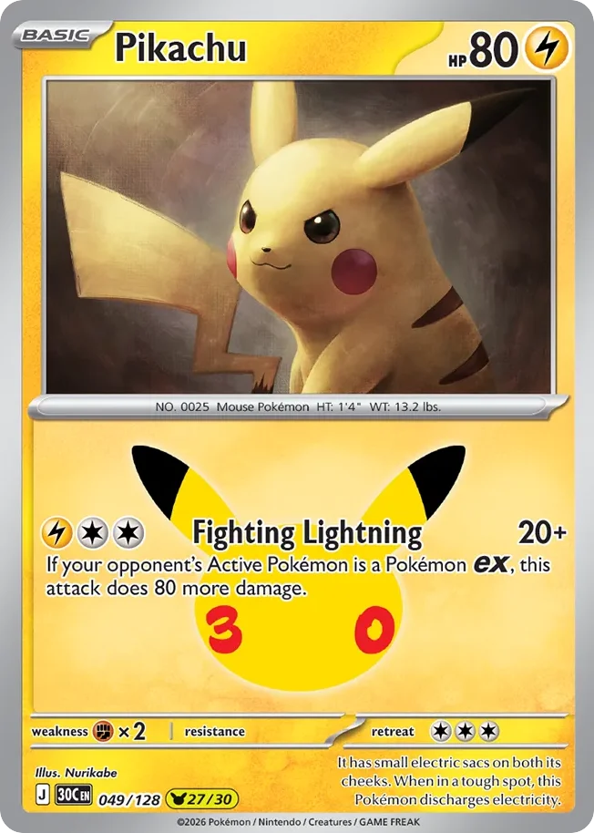 Pikachu Pokemon card from 30th Celebration, card number 49