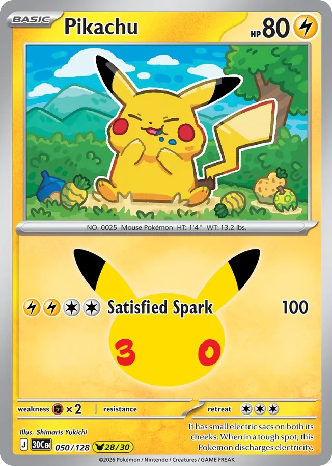 Pikachu Pokemon card from 30th Celebration, card number 50