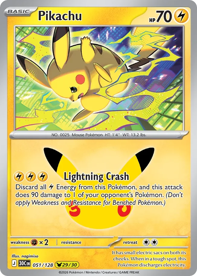 Pikachu Pokemon card from 30th Celebration, card number 51