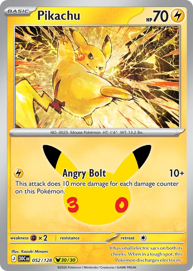 Pikachu Pokemon card from 30th Celebration, card number 52