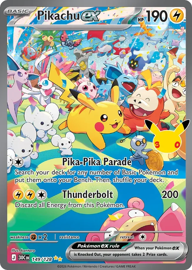 Pikachu ex Pokemon card from 30th Celebration, card number 149