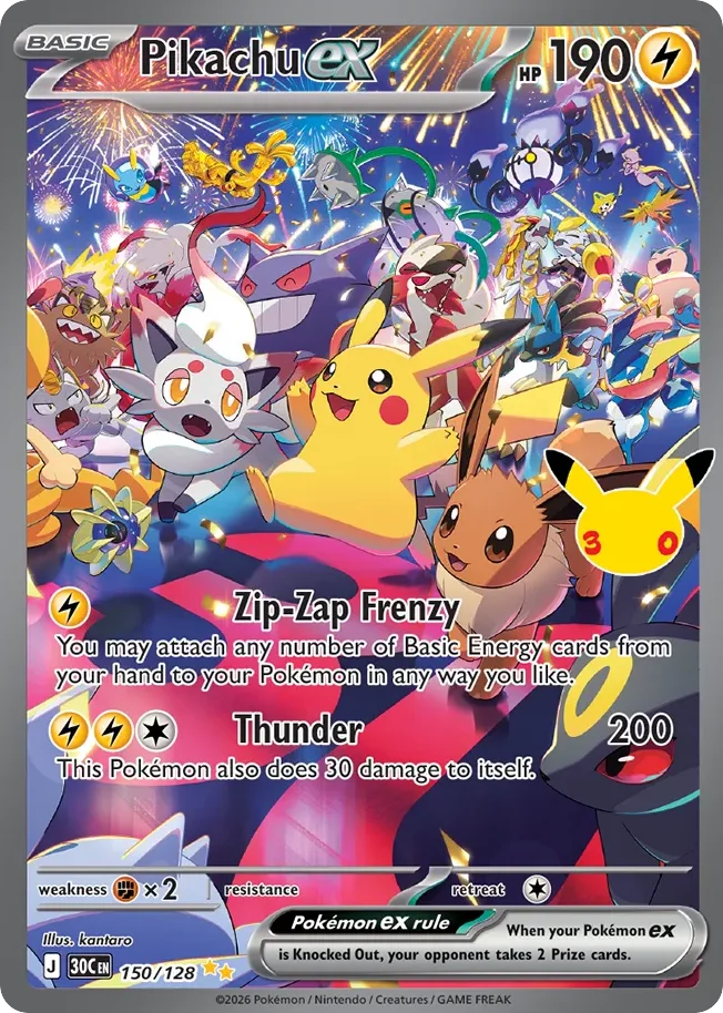 Pikachu ex Pokemon card from 30th Celebration, card number 150