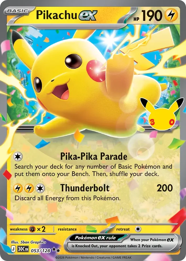 Pikachu ex Pokemon card from 30th Celebration, card number 53