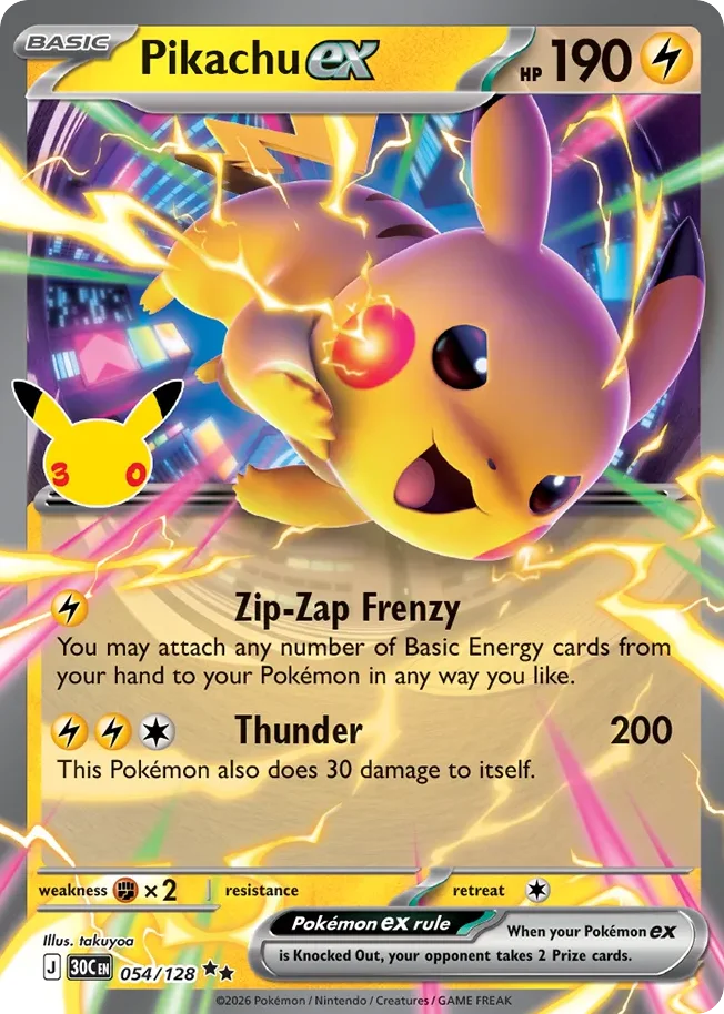 Pikachu ex Pokemon card from 30th Celebration, card number 54