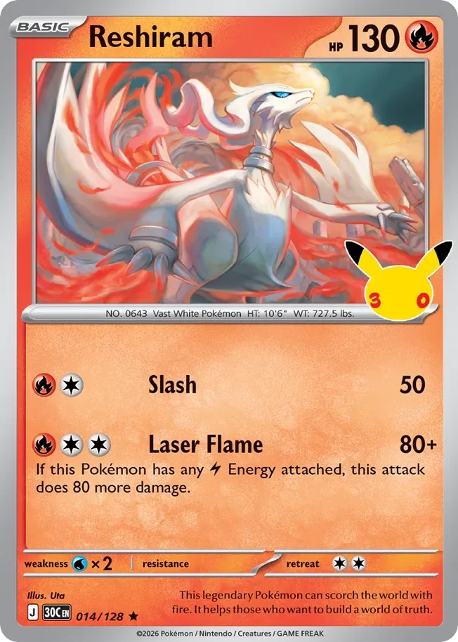Reshiram Pokemon card from 30th Celebration, card number 14