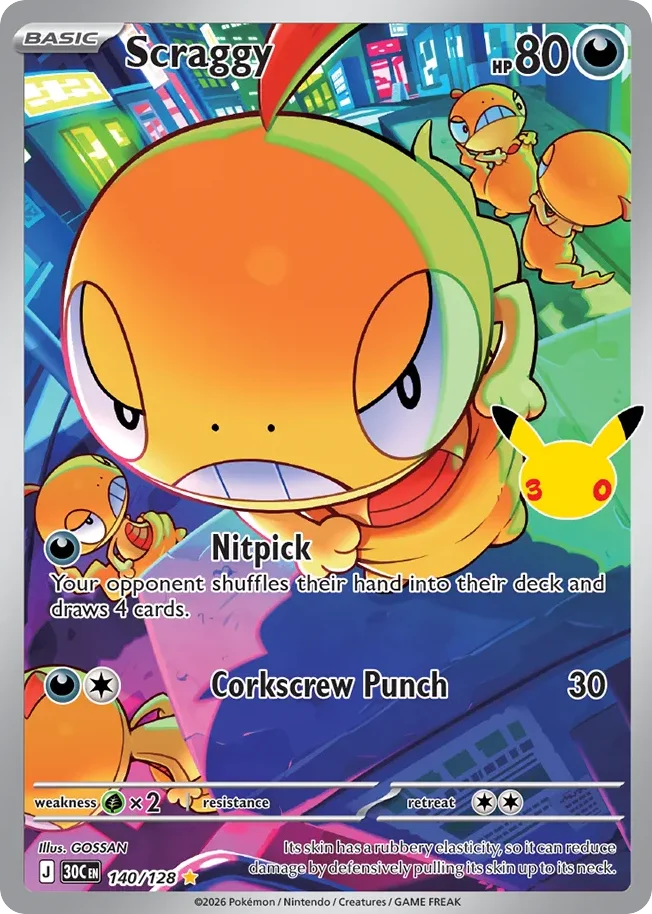 Scraggy Pokemon card from 30th Celebration, card number 140
