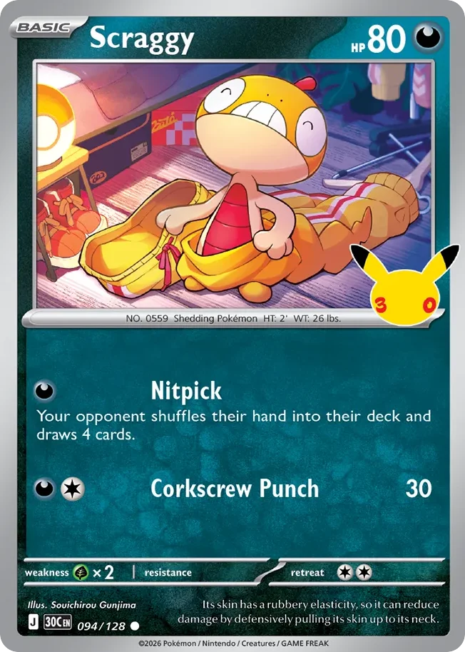 Scraggy Pokemon card from 30th Celebration, card number 94