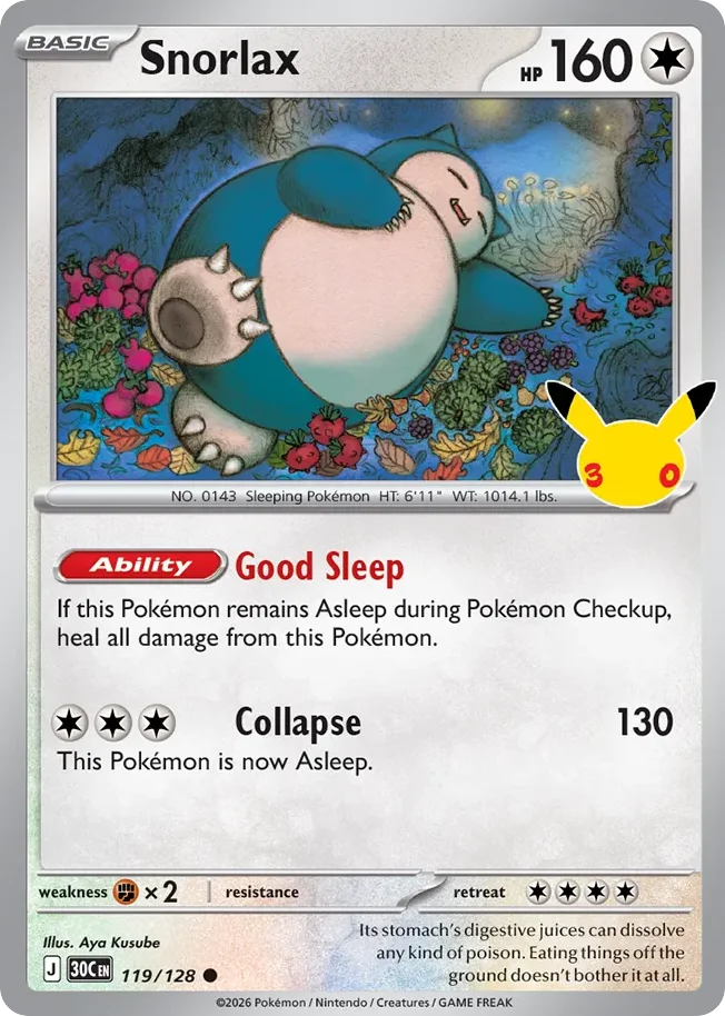 Snorlax Pokemon card from 30th Celebration, card number 119