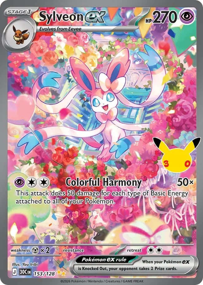 Sylveon ex Pokemon card from 30th Celebration, card number 153