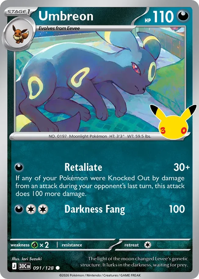 Umbreon Pokemon card from 30th Celebration, card number 91