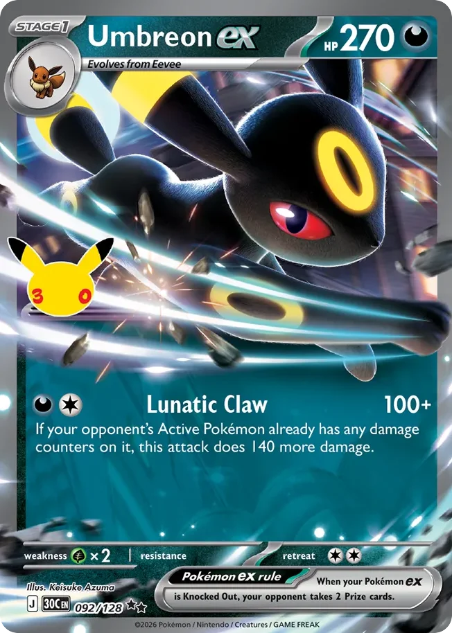 Umbreon ex Pokemon card from 30th Celebration, card number 92