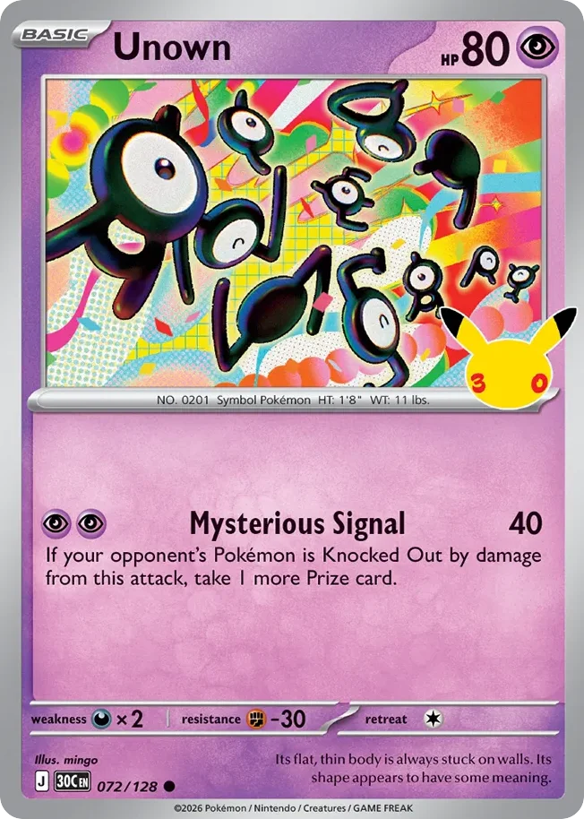 Unown Pokemon card from 30th Celebration, card number 72