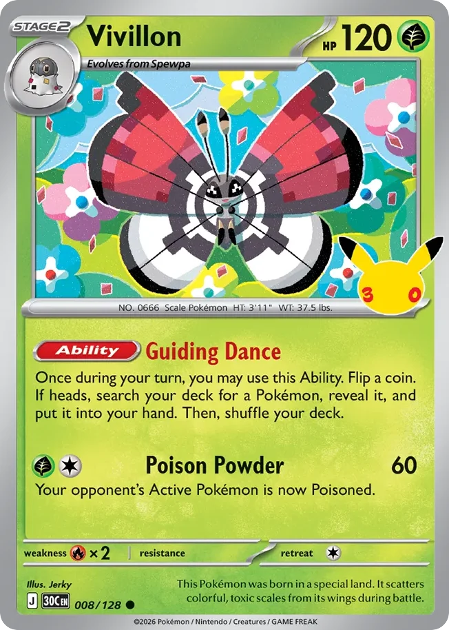 Vivillon Pokemon card from 30th Celebration, card number 8