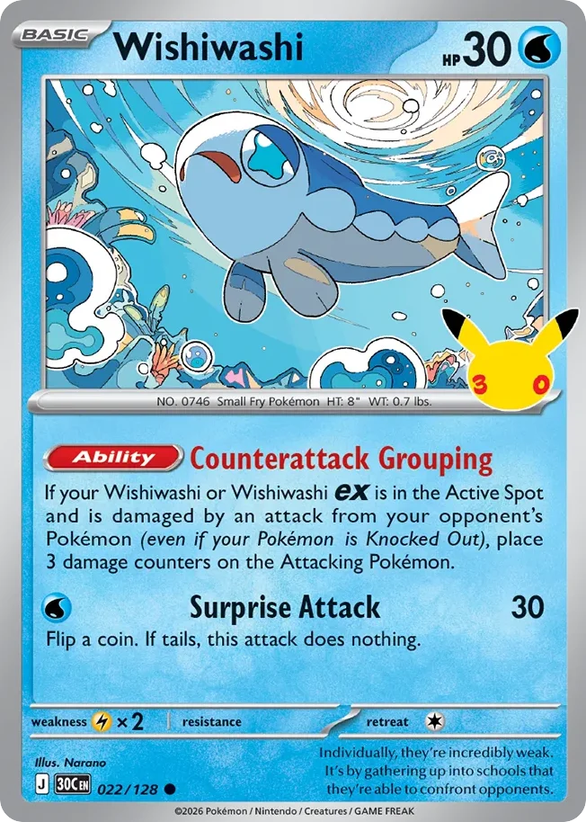 Wishiwashi Pokemon card from 30th Celebration, card number 22