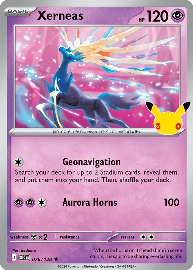 Xerneas Pokemon card from 30th Celebration, card number 76