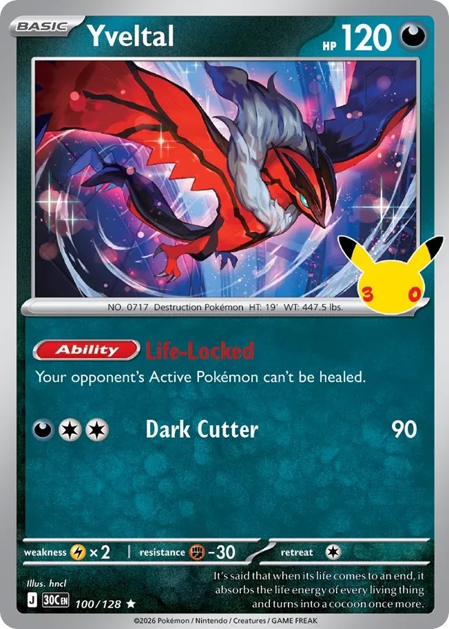 Yveltal Pokemon card from 30th Celebration, card number 100