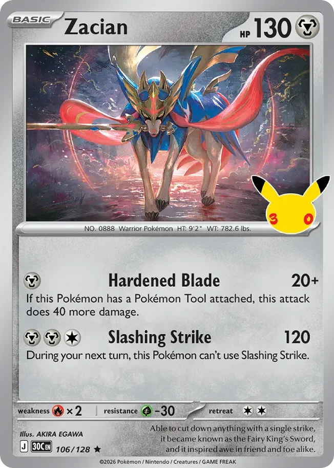 Zacian Pokemon card from 30th Celebration, card number 106