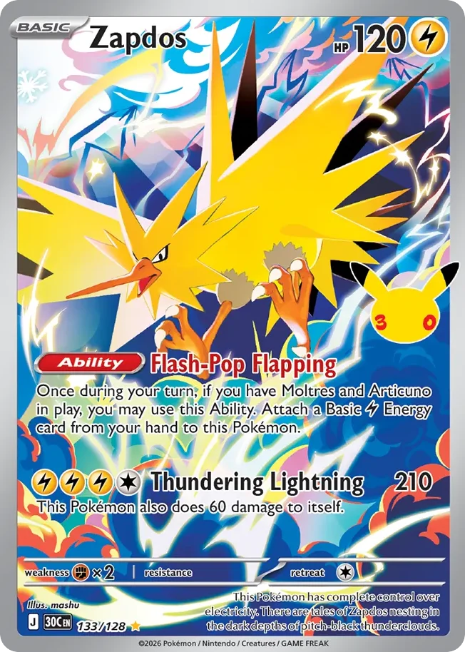 Zapdos Pokemon card from 30th Celebration, card number 133