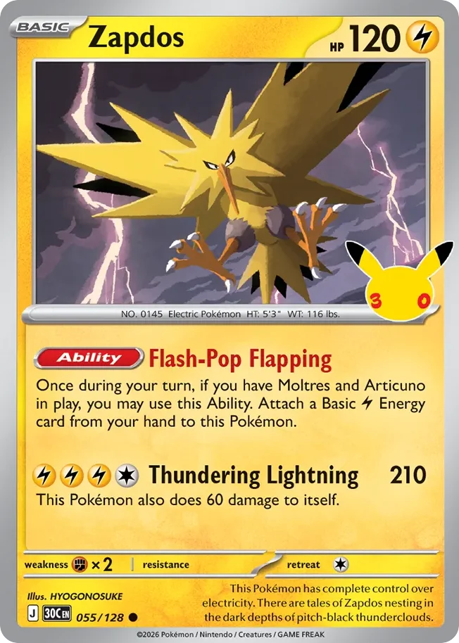 Zapdos Pokemon card from 30th Celebration, card number 55