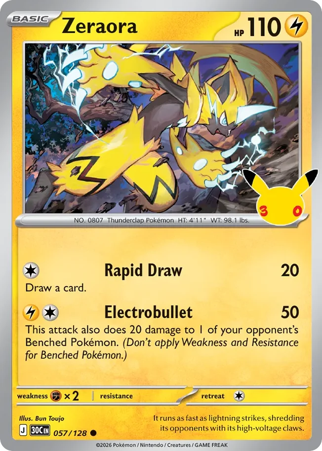 Zeraora Pokemon card from 30th Celebration, card number 57