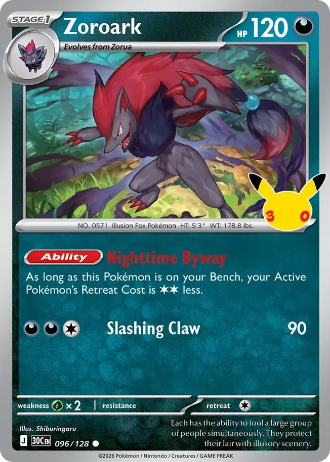 Zoroark Pokemon card from 30th Celebration, card number 96
