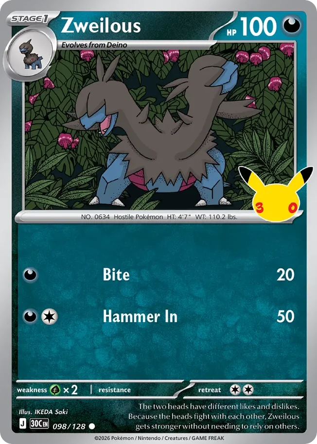 Zweilous Pokemon card from 30th Celebration, card number 98